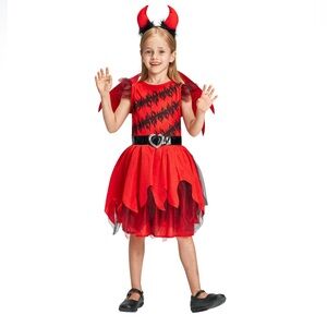 Demon😈Girls👧🏻 4 Pcs Flame Dress👗Horns Headband Tail Wings🪽Costume Sz 4-6 Y